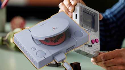 a ps1 next to someone holding a lego game boy.