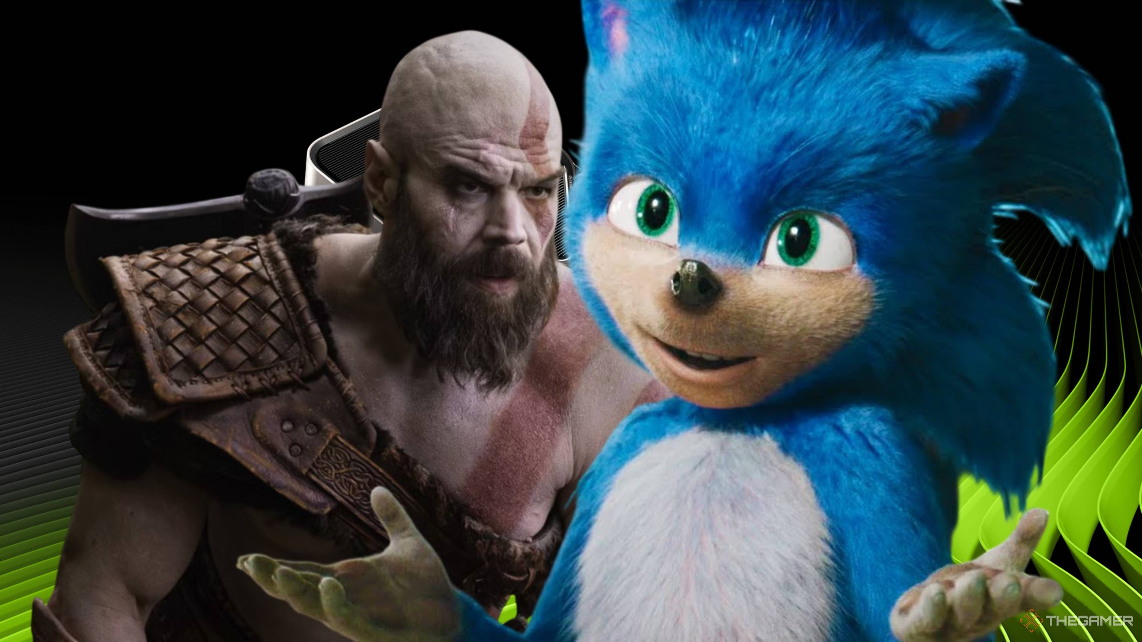 live action kratos and original movie sonic in front of an nvidia graphics card.