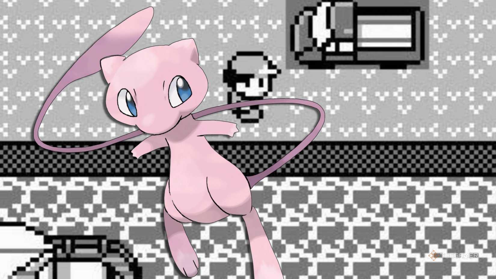 mew looking at red standing next to a truck in pokemon red and blue.