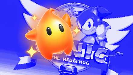 Mario Wonder's Luma in front of the blue and white Sonic 2 emblem.
