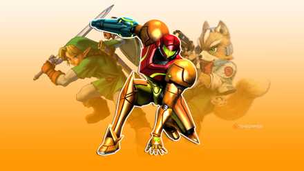 Samus standing in front of Link and the fox.
