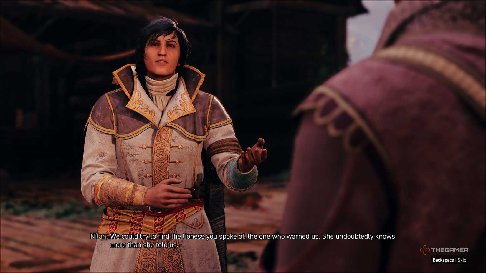 Nilan talks to the player in GreedFall The Dying world and tells the player to track down a woman for information