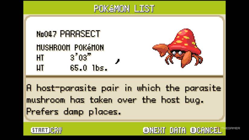 Parasect's dex entry in Pokemon FireRed & LeafGreen.