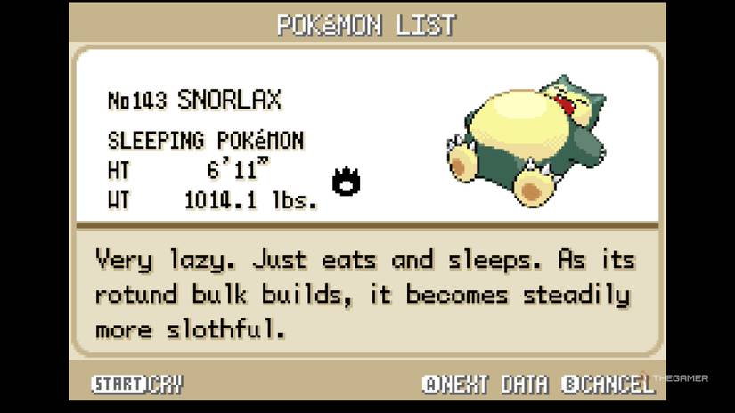 Snorlax's Pokedex entry in Pokemon FireRed & LeafGreen.