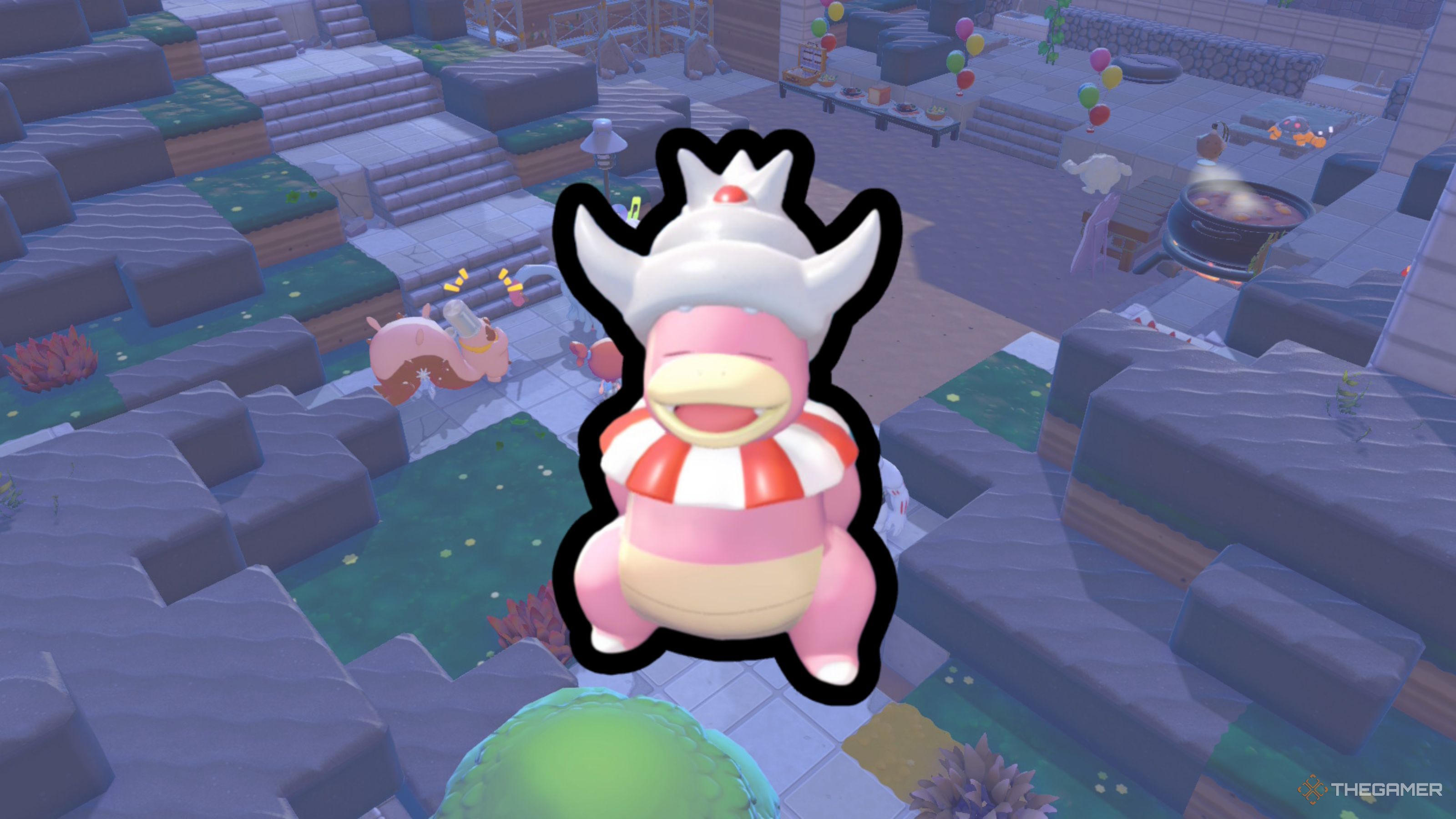 Slow King in Pocopia in front of a gathering of Pokémon.