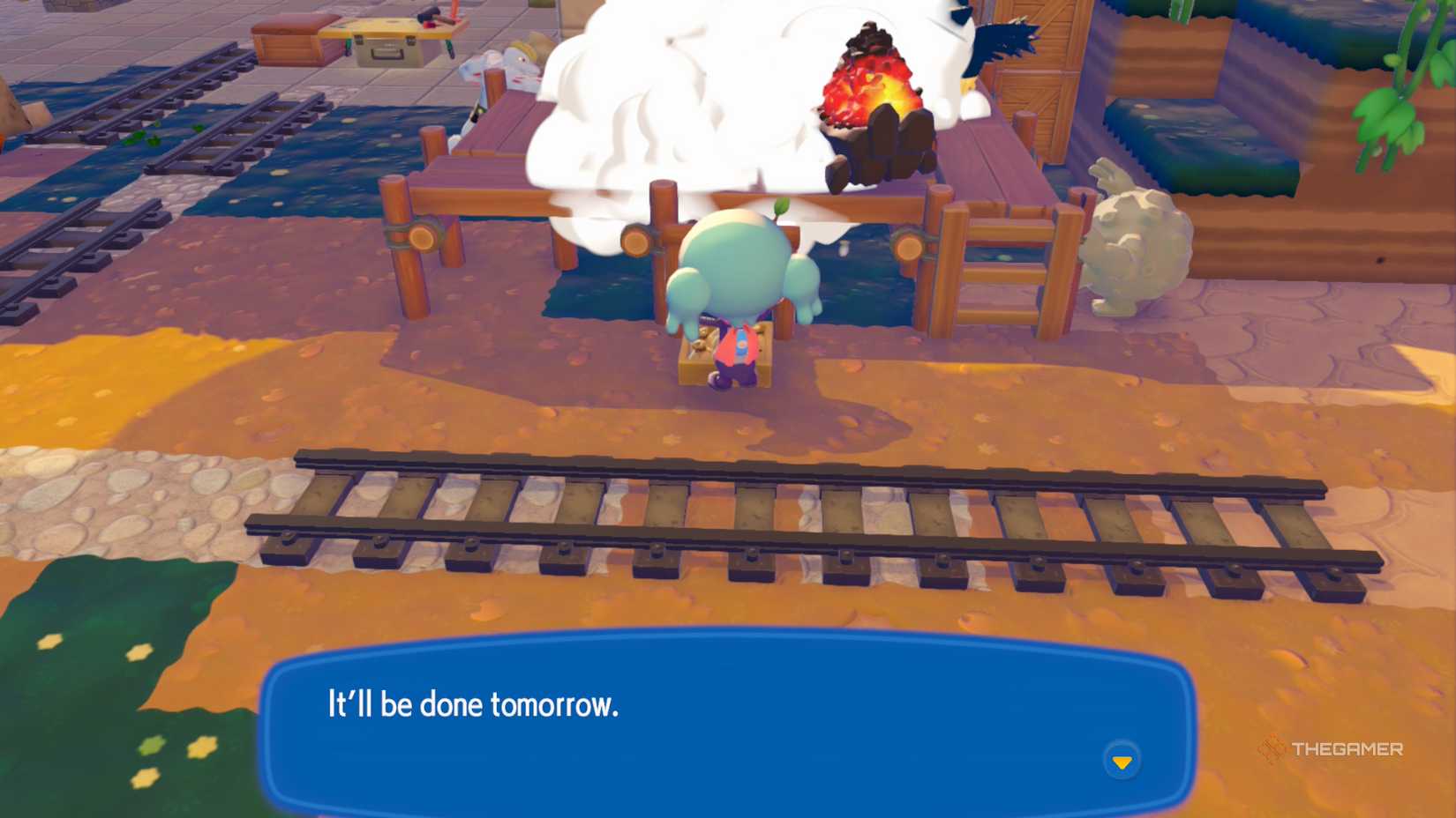Pokemon Pokopia says the building will be completed tomorrow.