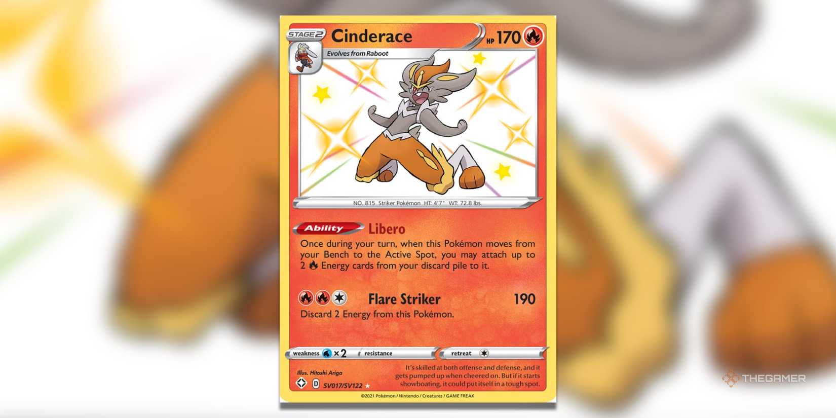 The Shining Fates Cinderace Shiny Holo Rare from Pokemon TCG.