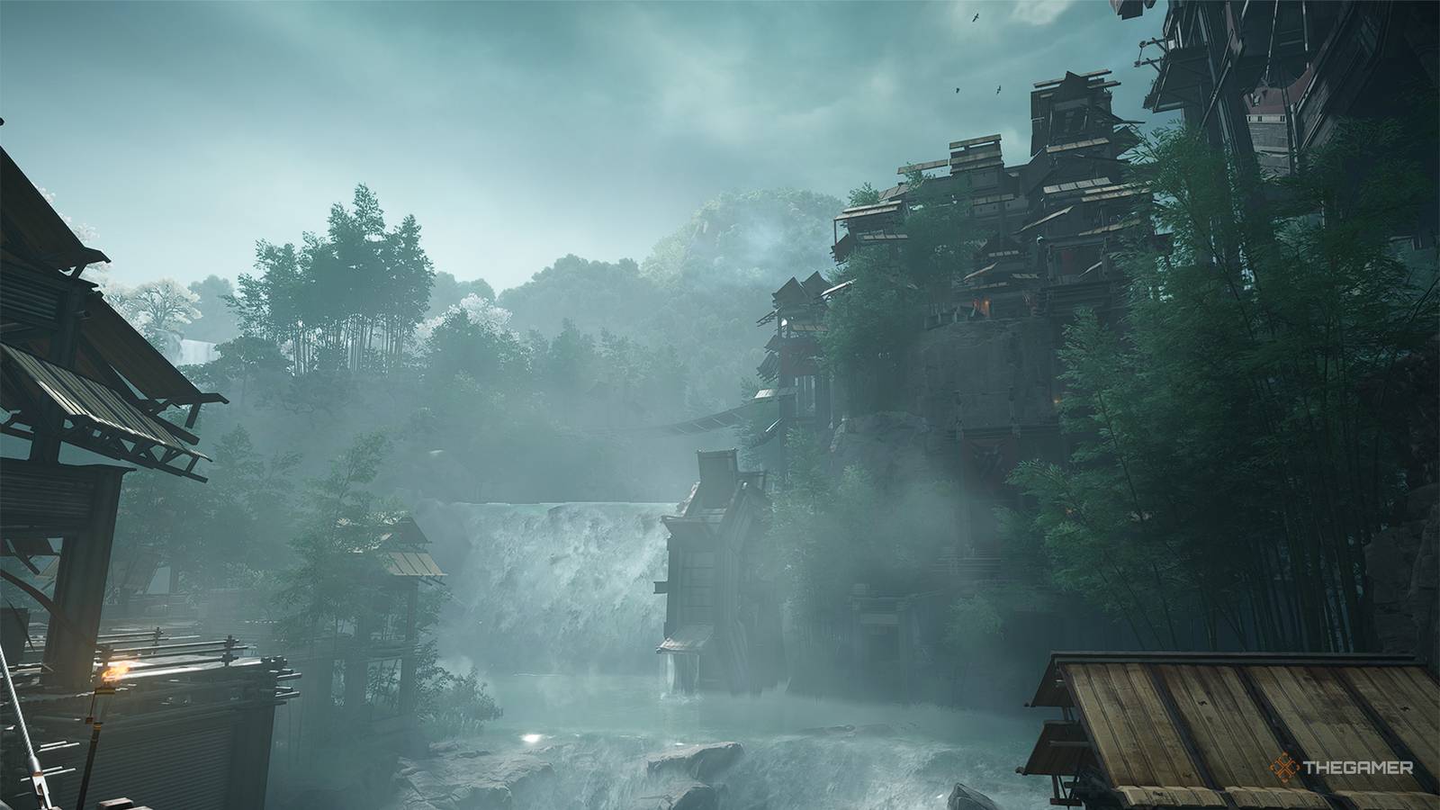 Waterfalls and buildings in Qingbo Stockade in Arknights: Endfield.