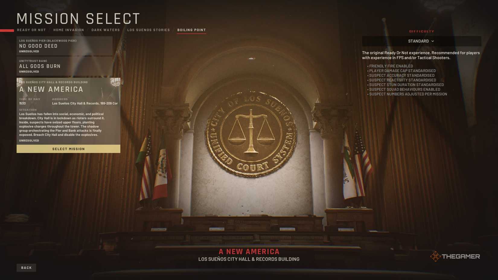 Mission Select menu showing A New America in Ready or Not.