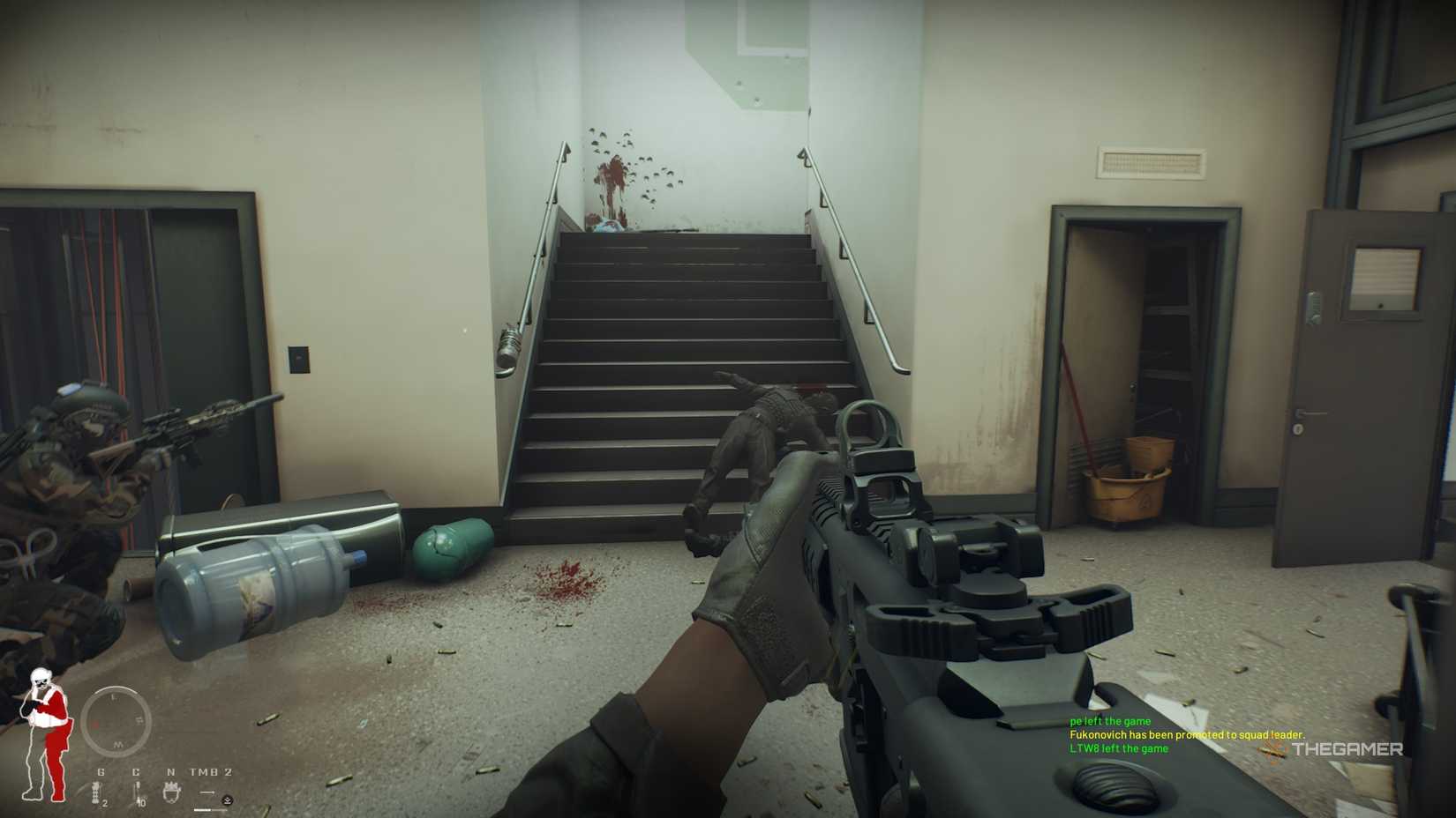 Looking at the stairs that lead to the second floor, with some dead bodies around, in Ready or Not.