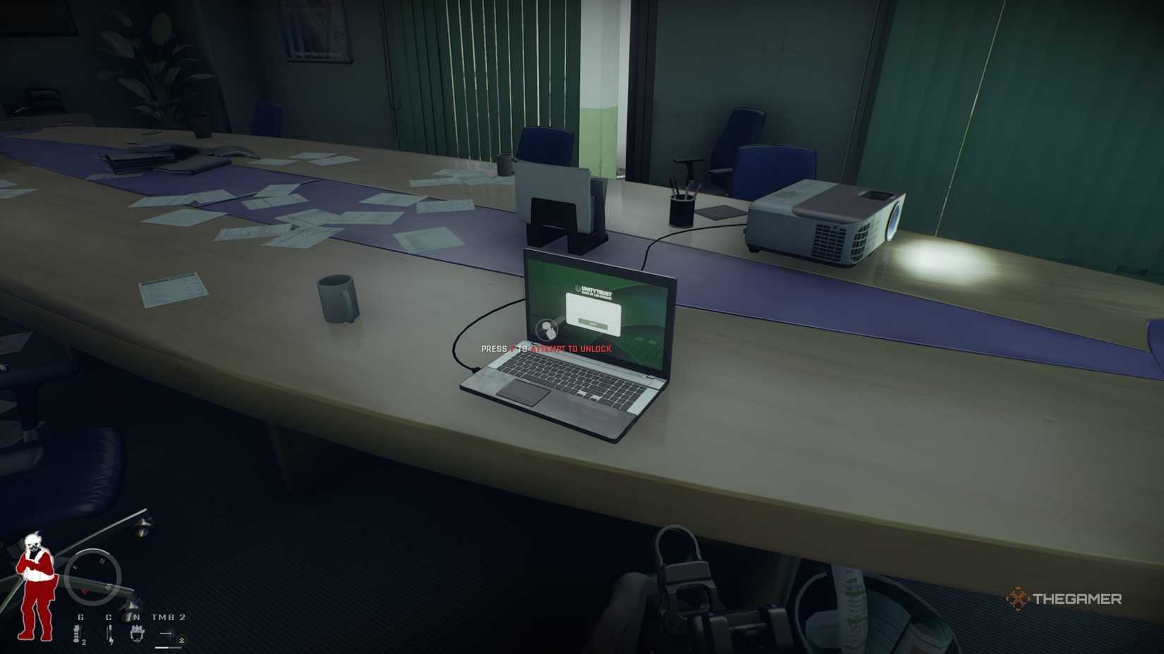 Looking at the suspicious laptop on the table in Ready or Not.