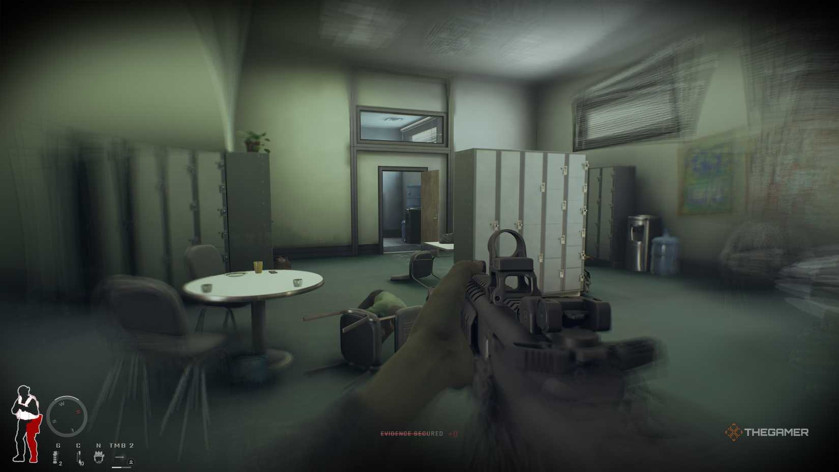 Explore the room while getting shot on the first floor of the bank in Ready or Not.