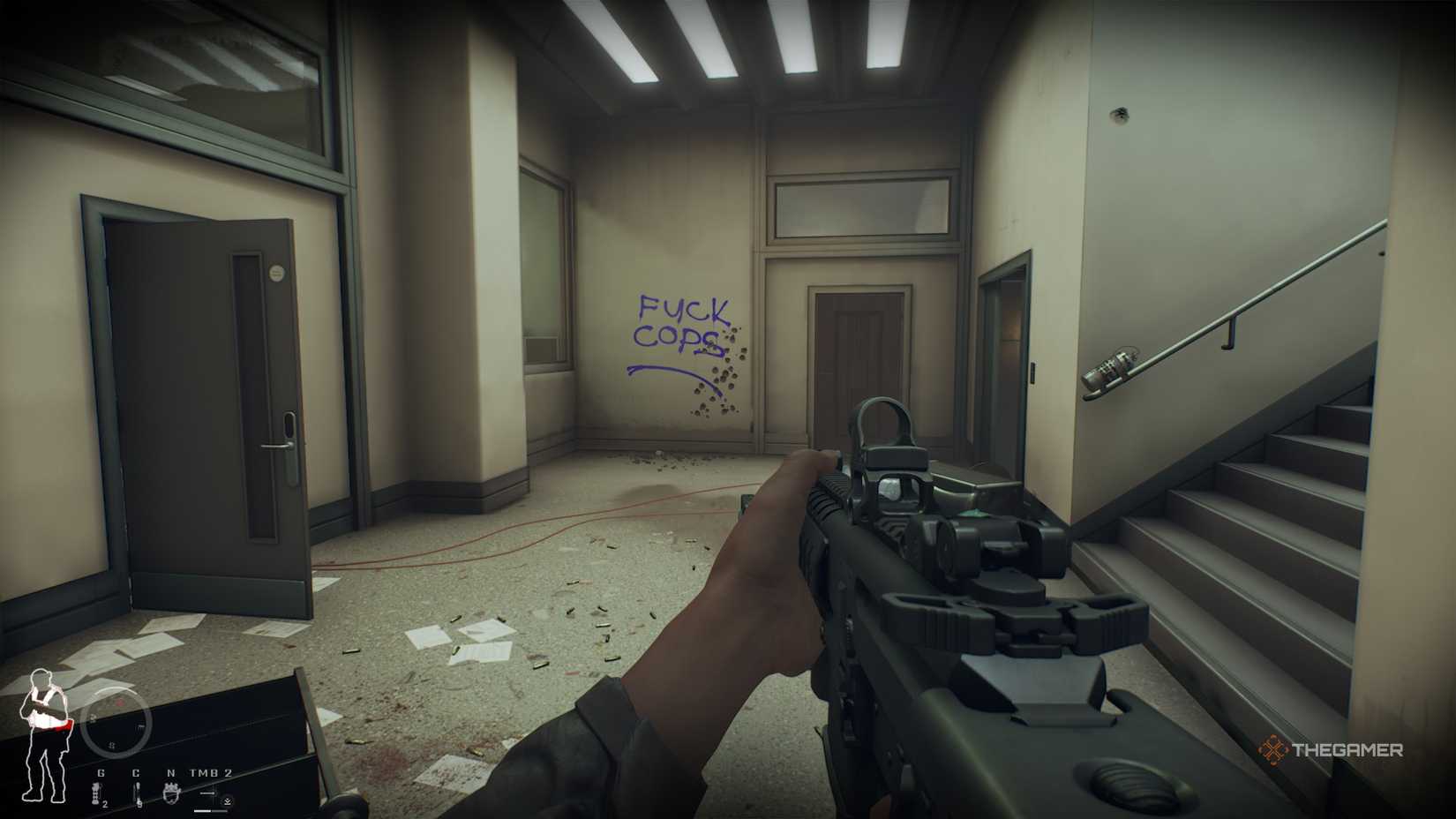 Looking at the room that connects the two floors of the bank in Ready or Not.