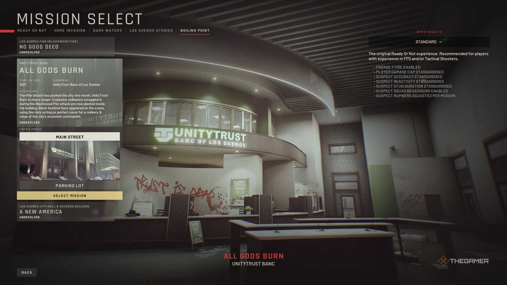 Mission Select menu showing the All Gods Burn mission in Ready or Not.