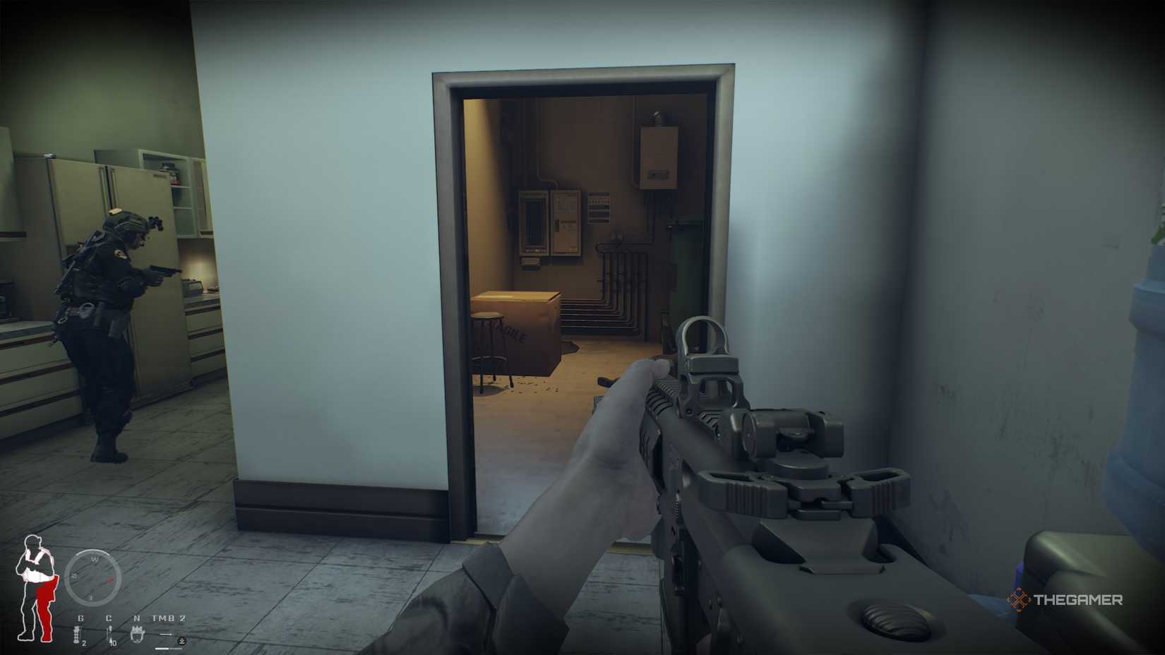 Entering the room with the fallen officer in Ready or Not.