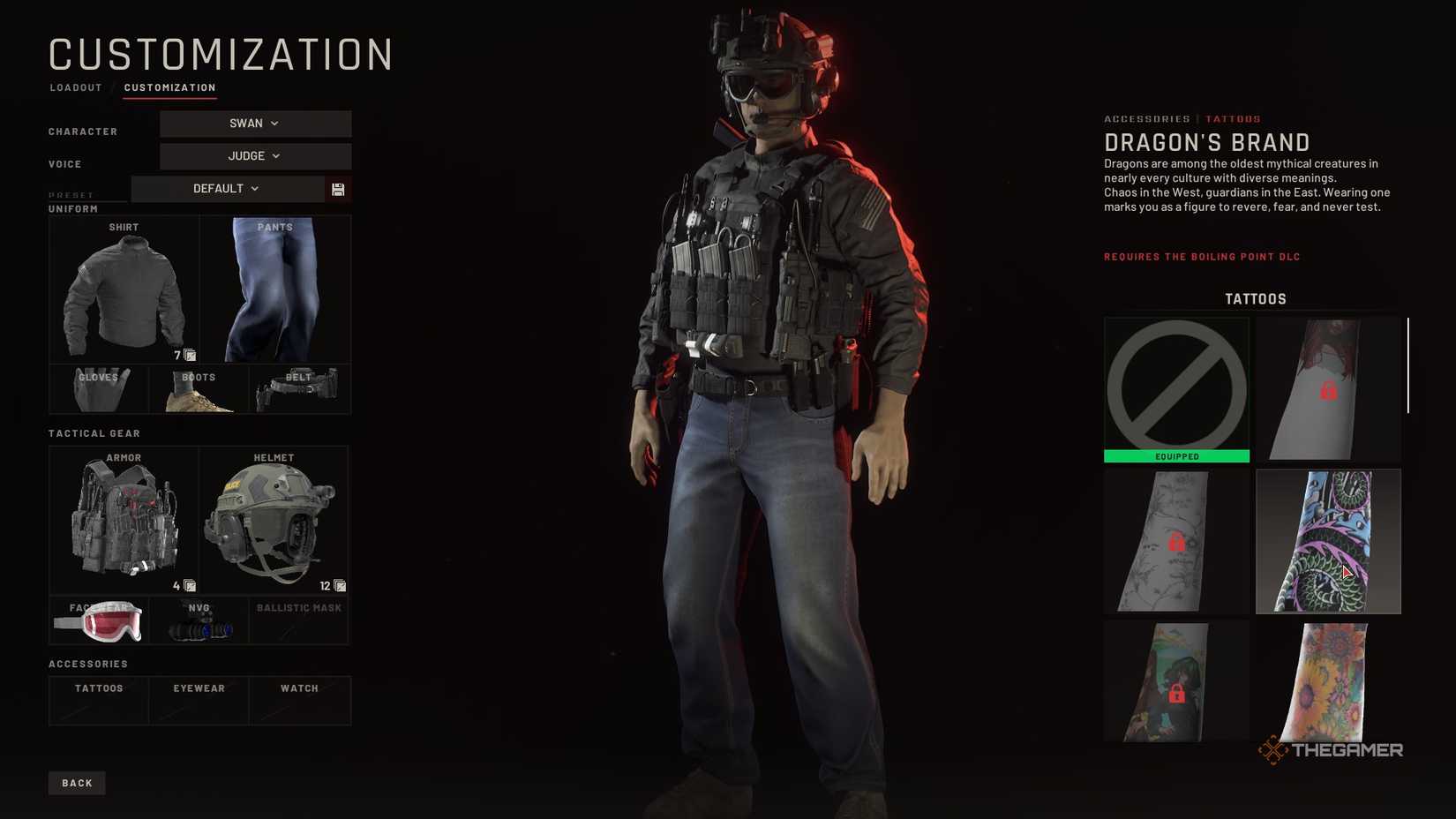 Looking at the new Boiling Point tattoos in the Customization menu in Ready or Not.