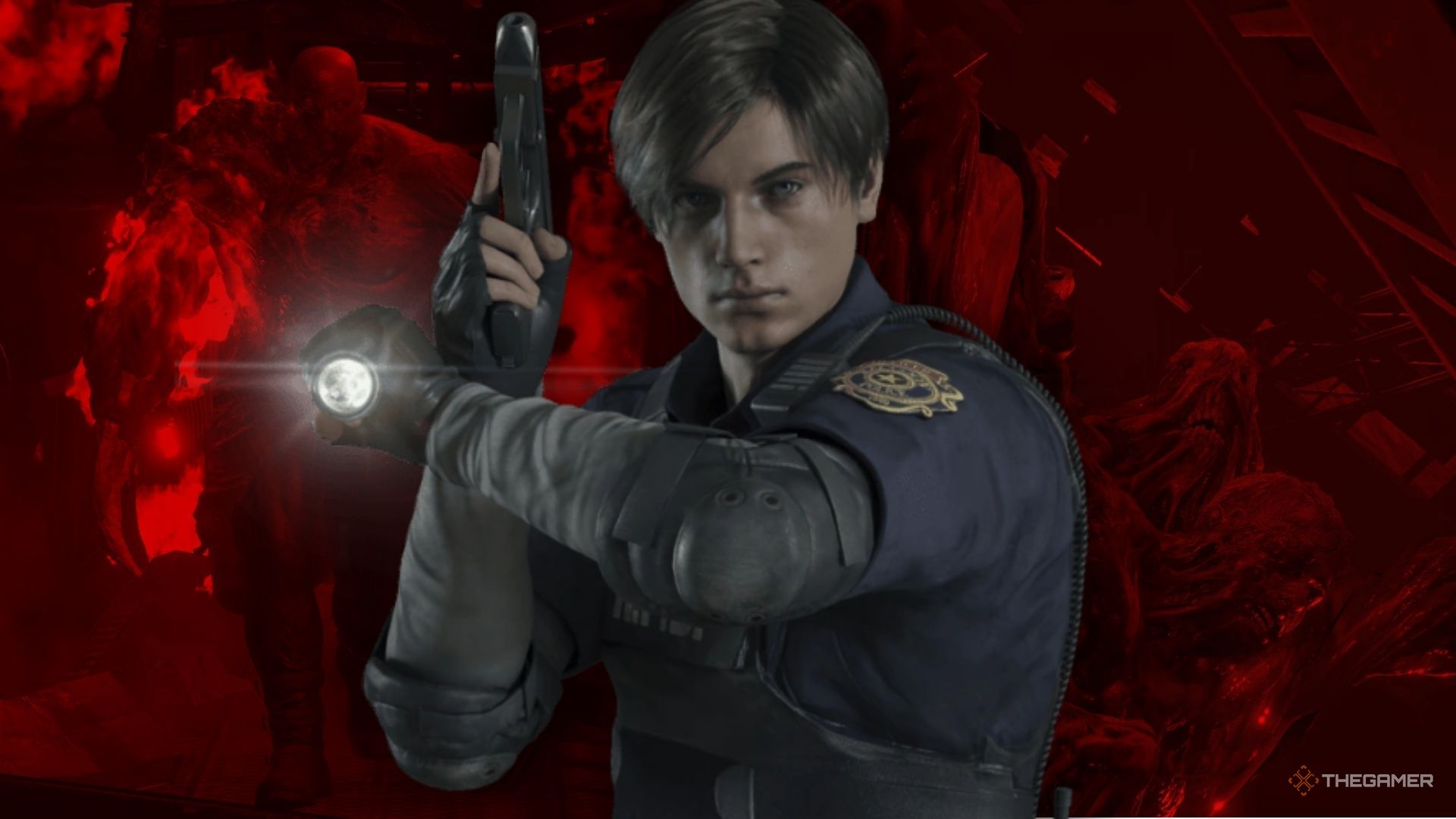 Resident Evil 2 Remake featured image of Leon in the middle with bosses in the background.