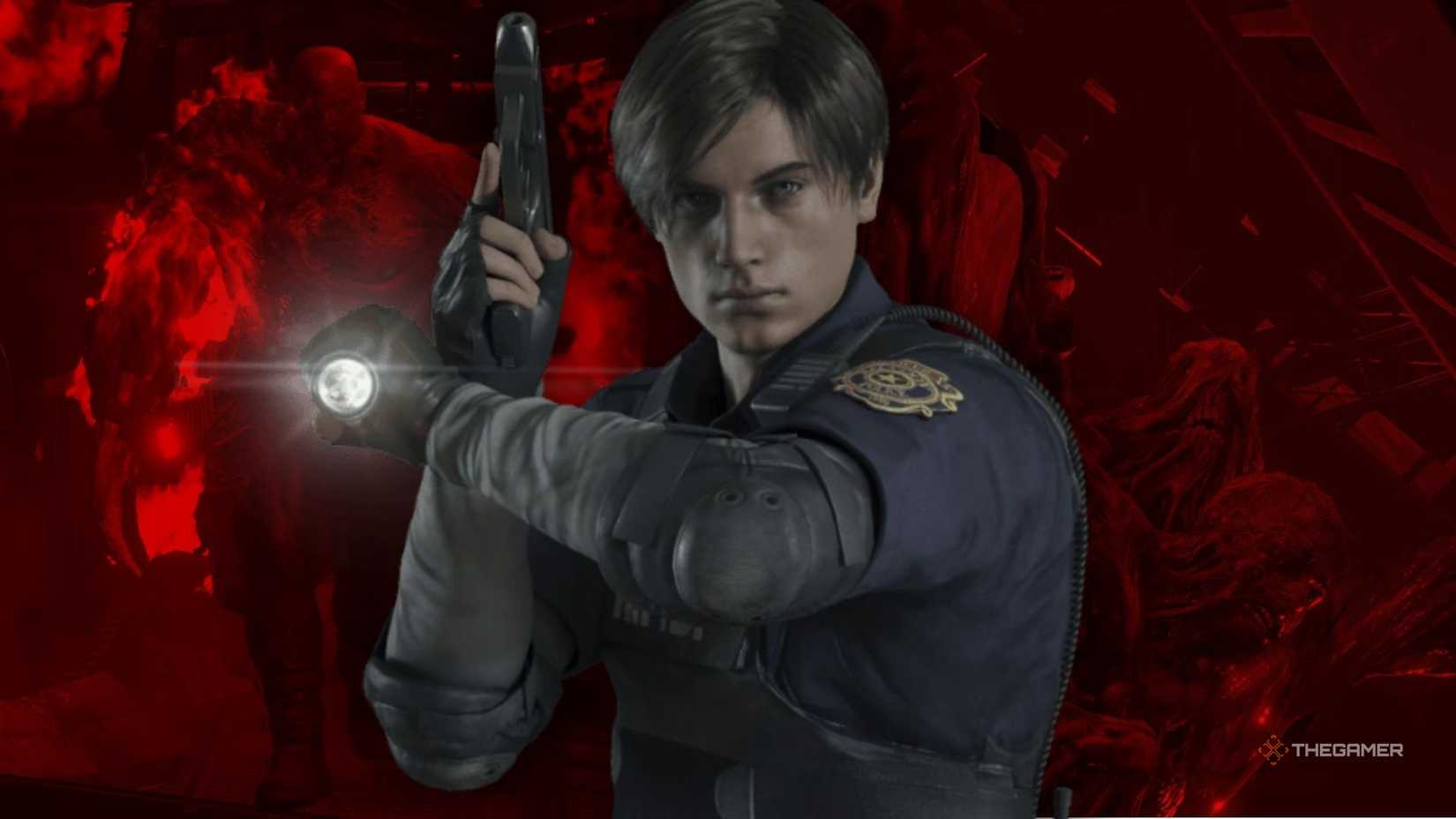 Resident Evil 2 Remake Featured image with Leon in the middle and bosses in the background.