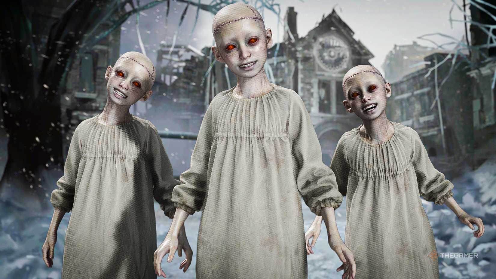 Bald children in front of Resident Evil Requiem Orphanage.