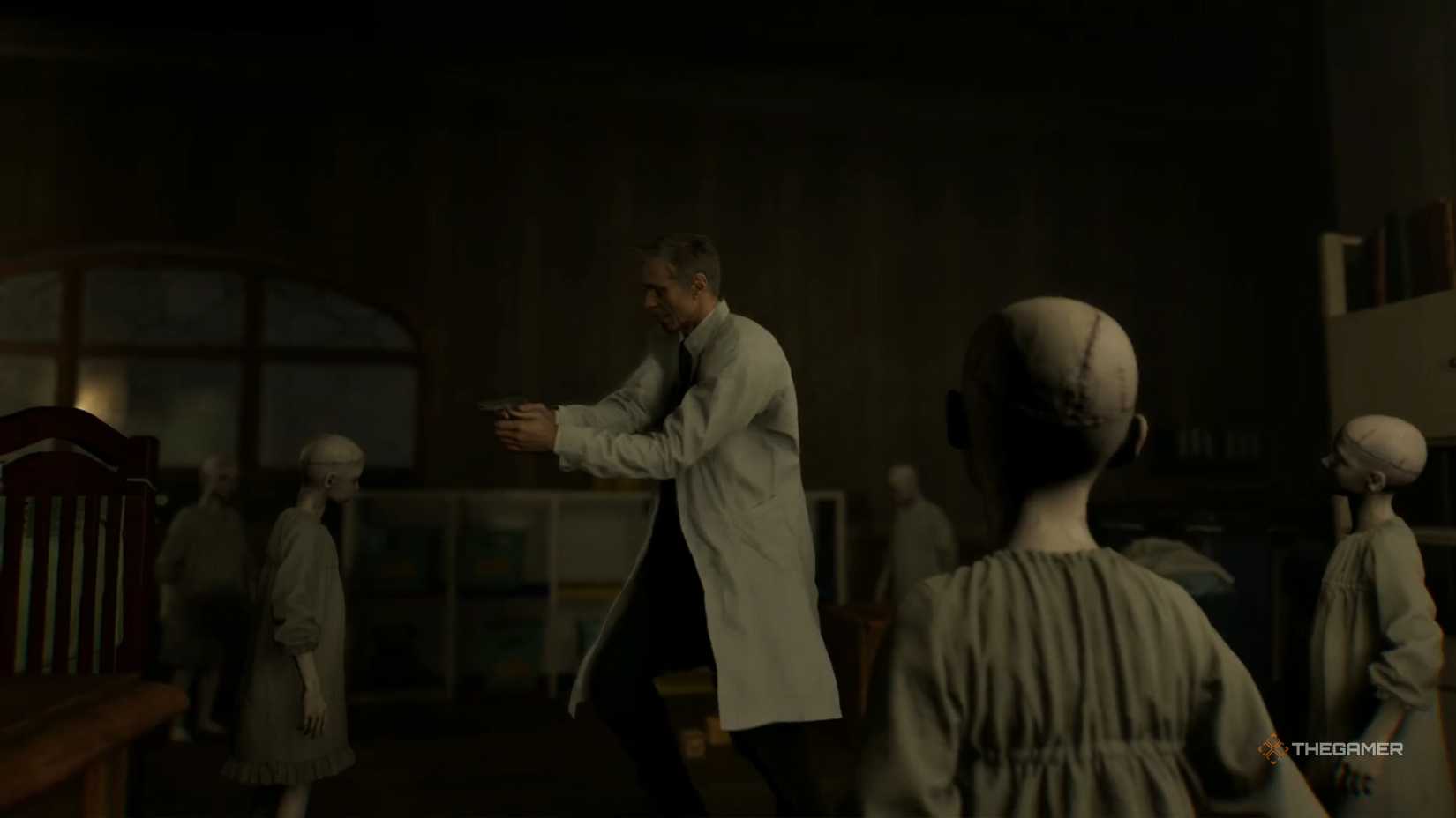 Resident Evil Requiem researcher in the orphanage surrounded by the children while holding a pistol.