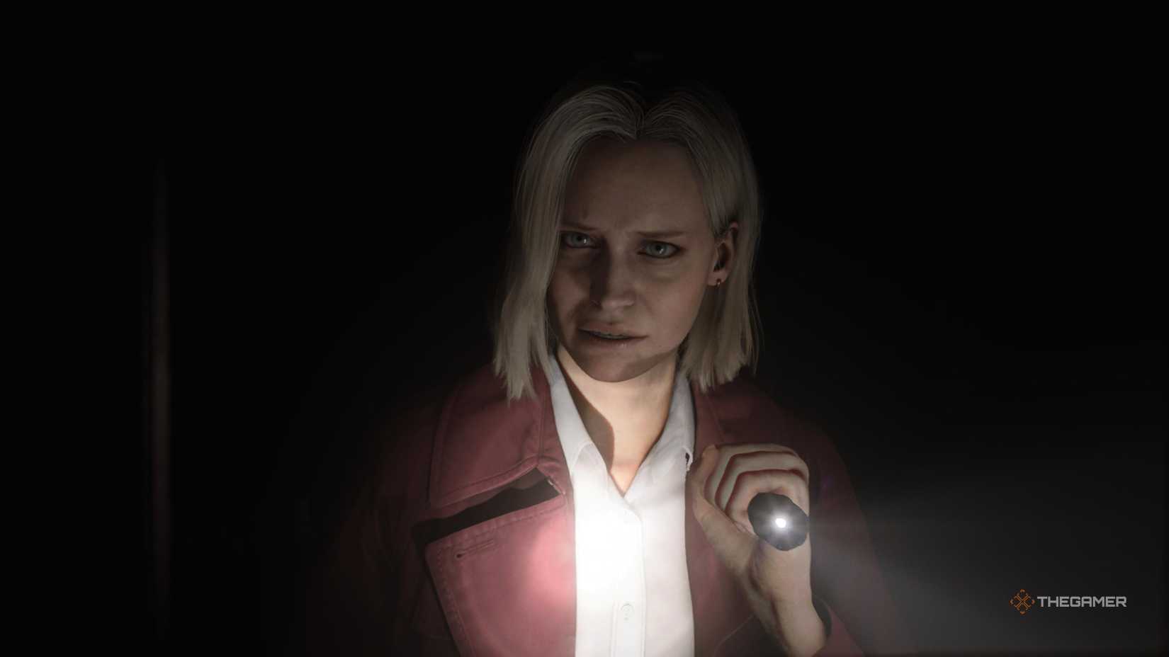 In Resident Evil Requiem, Alyssa Aschroft holds a flashlight with a worried expression in the dark.