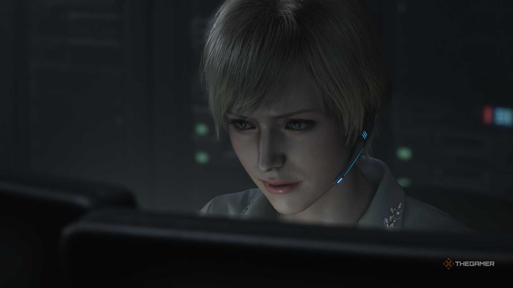 Sherry Birkin looking at a computer screen in Resident Evil Requiem.