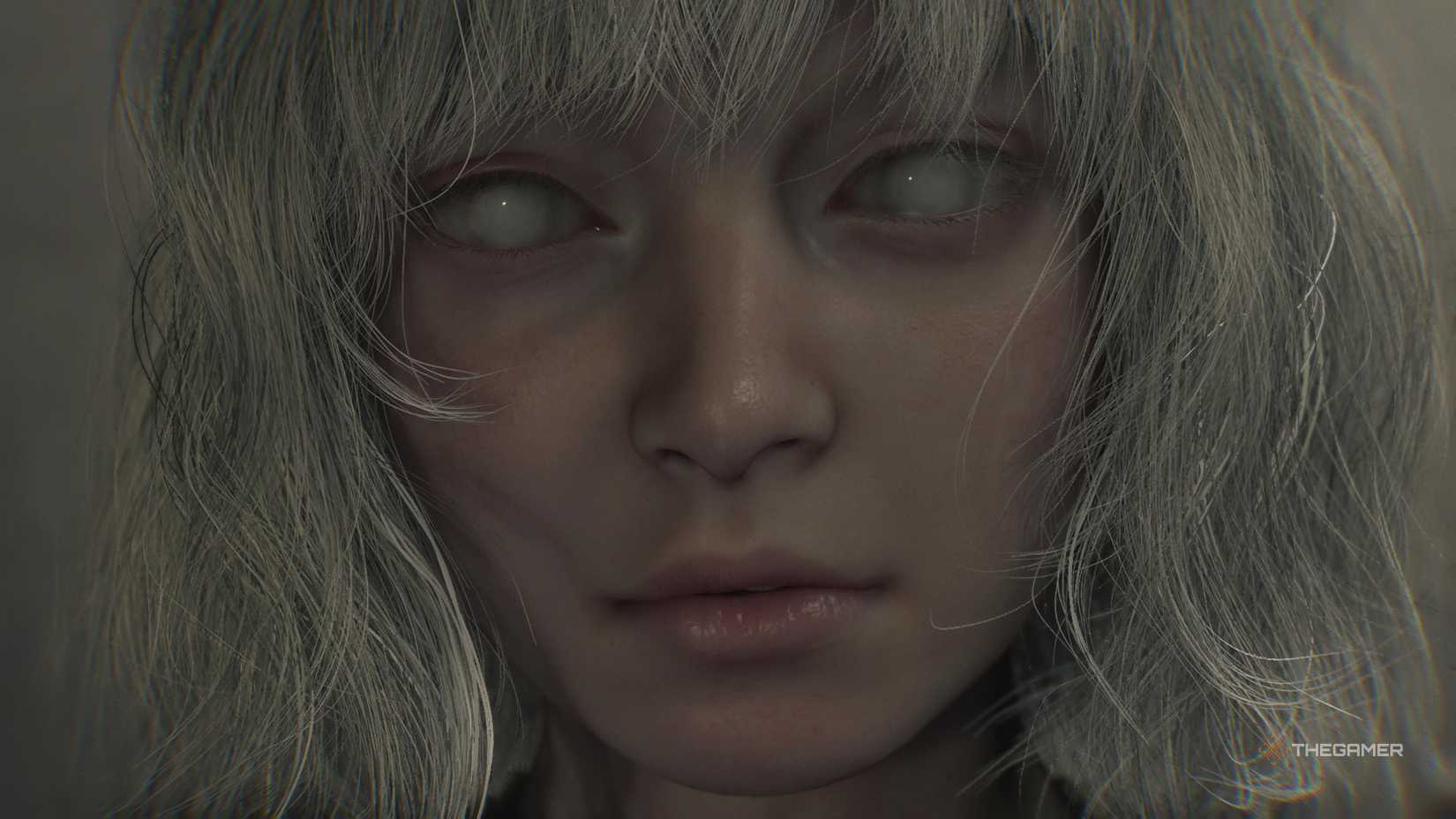 A super close shot of Emily looking at the camera in Resident Evil Requiem.