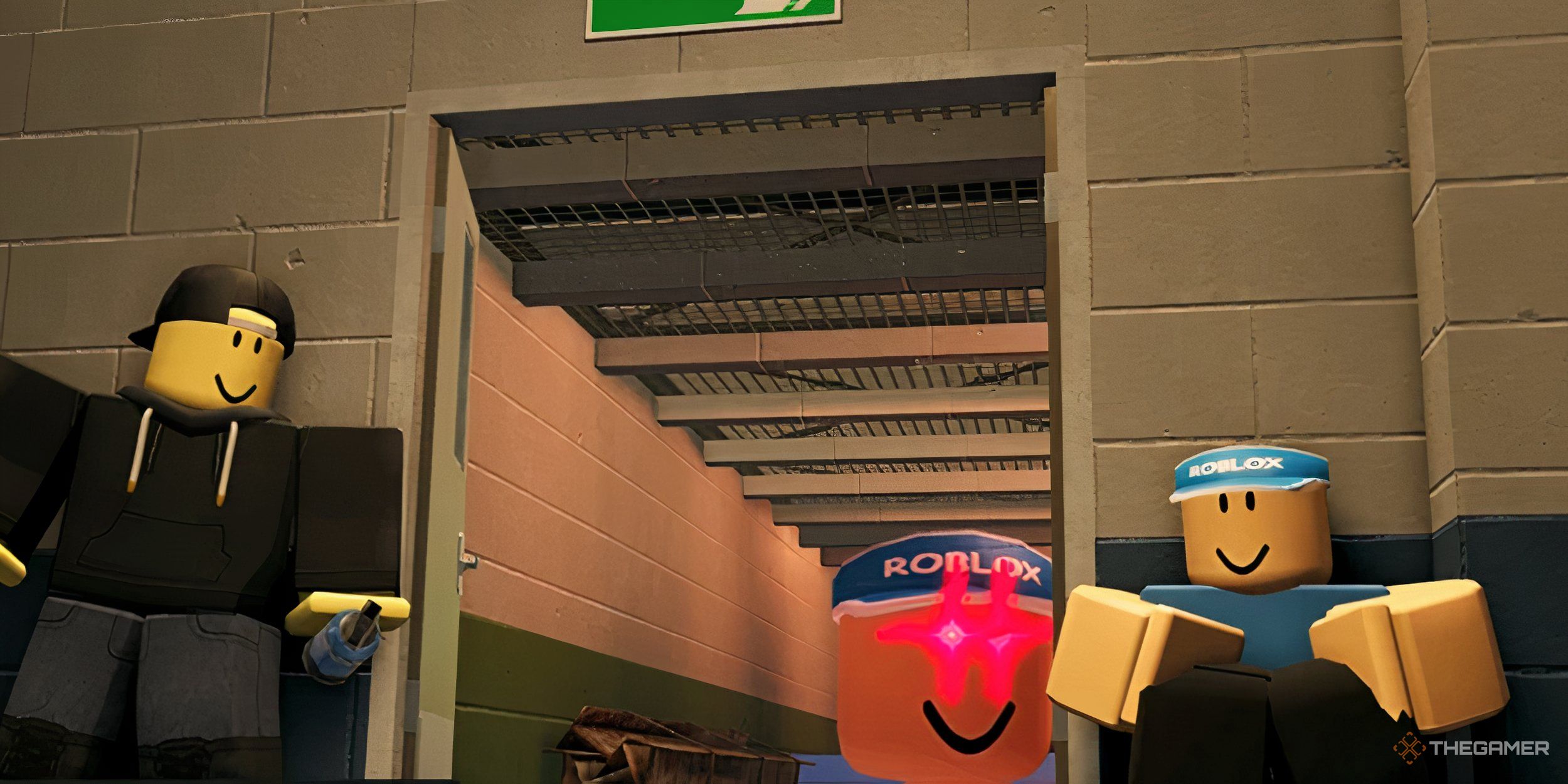 Roblox Two characters hiding from a giant head.