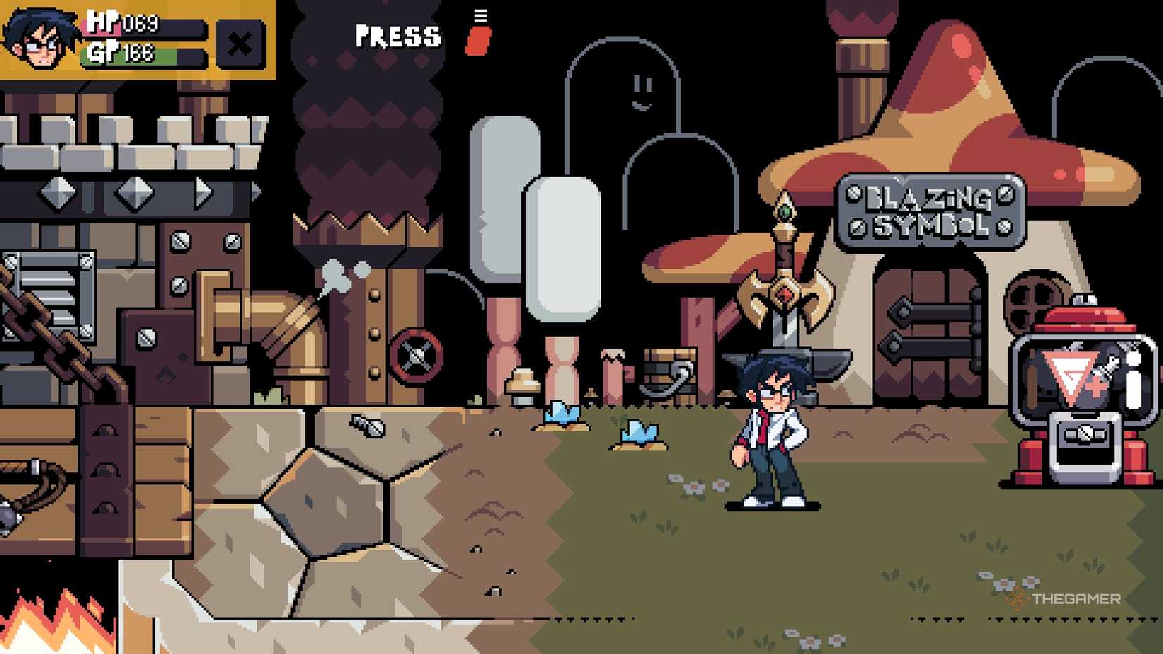 Gideon stood outside the Blazing Symbol shop in Scott Pilgrim EX.