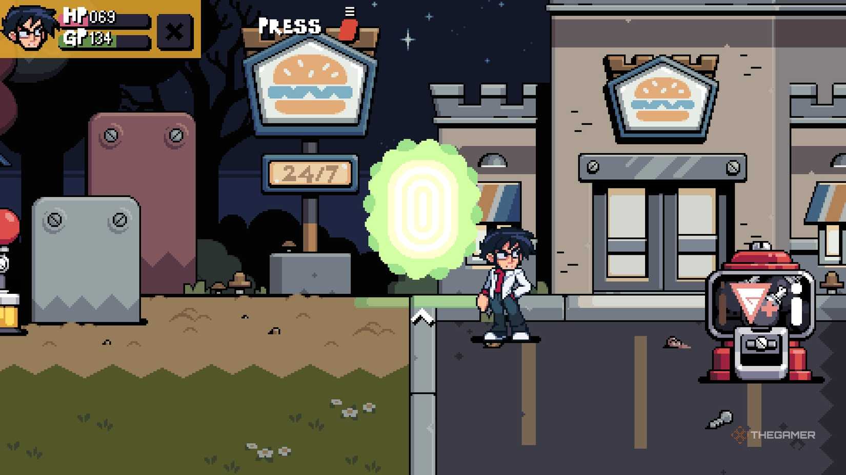 Gideon standing outside the Burger Fort in Scott Pilgrim EX.