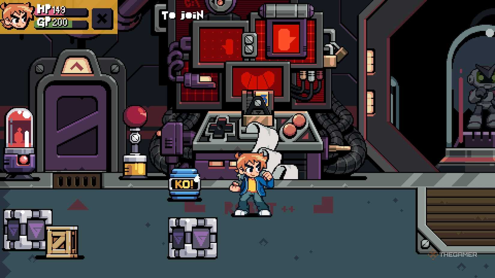 Scott outside the Chez Robot shop in Scott Pilgrim EX.