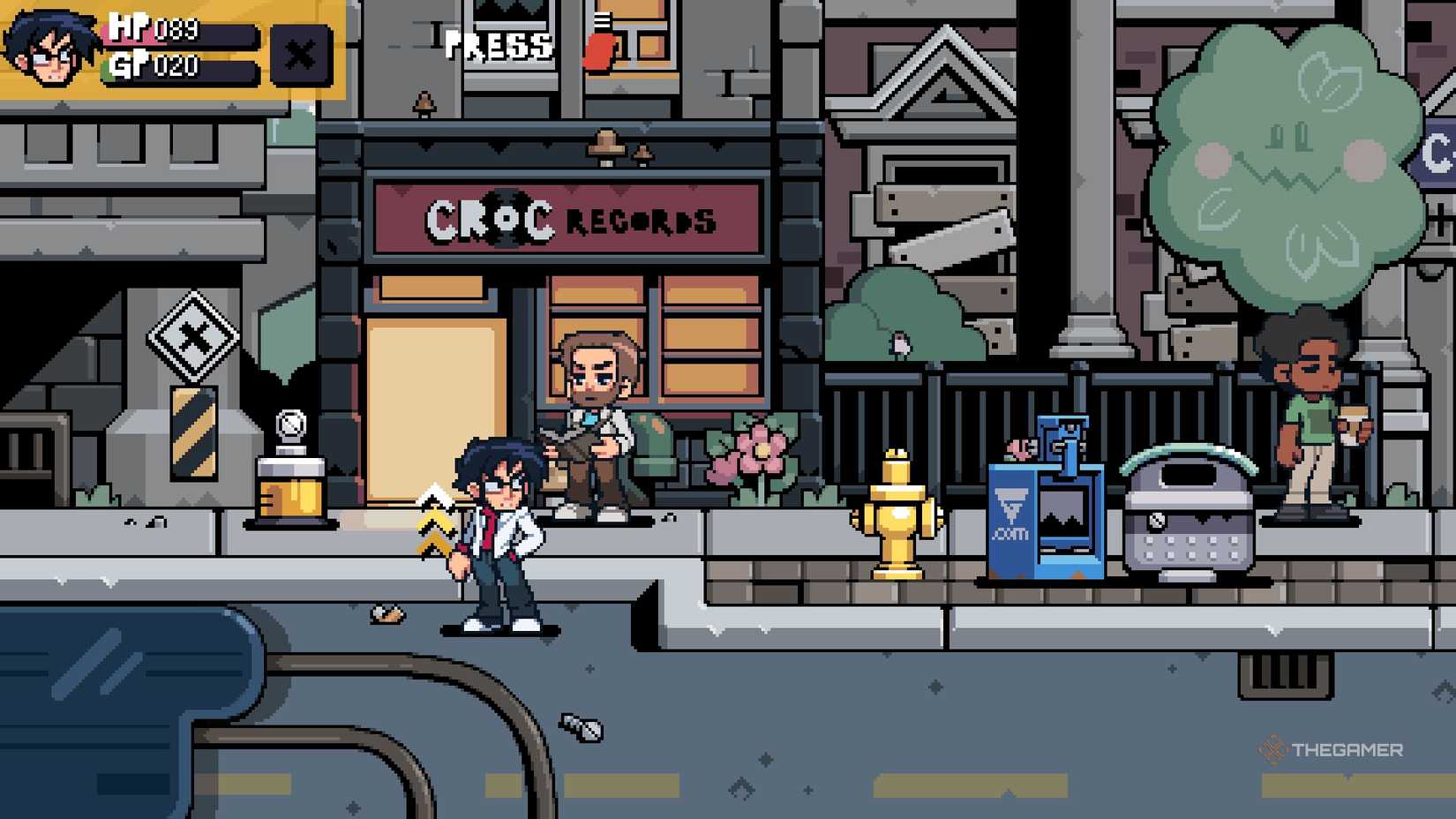 Gideon standing next to Croc Records in Scott Pilgrim EX.