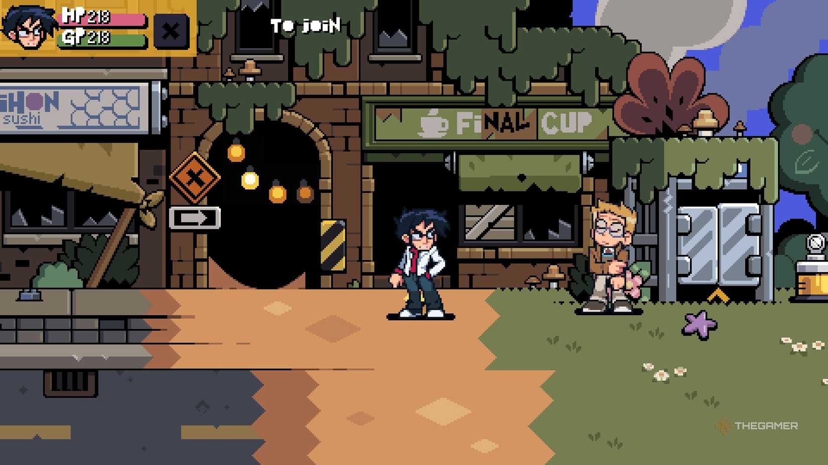 Gideon standing next to the Final Cup in Scott Pilgrim EX.