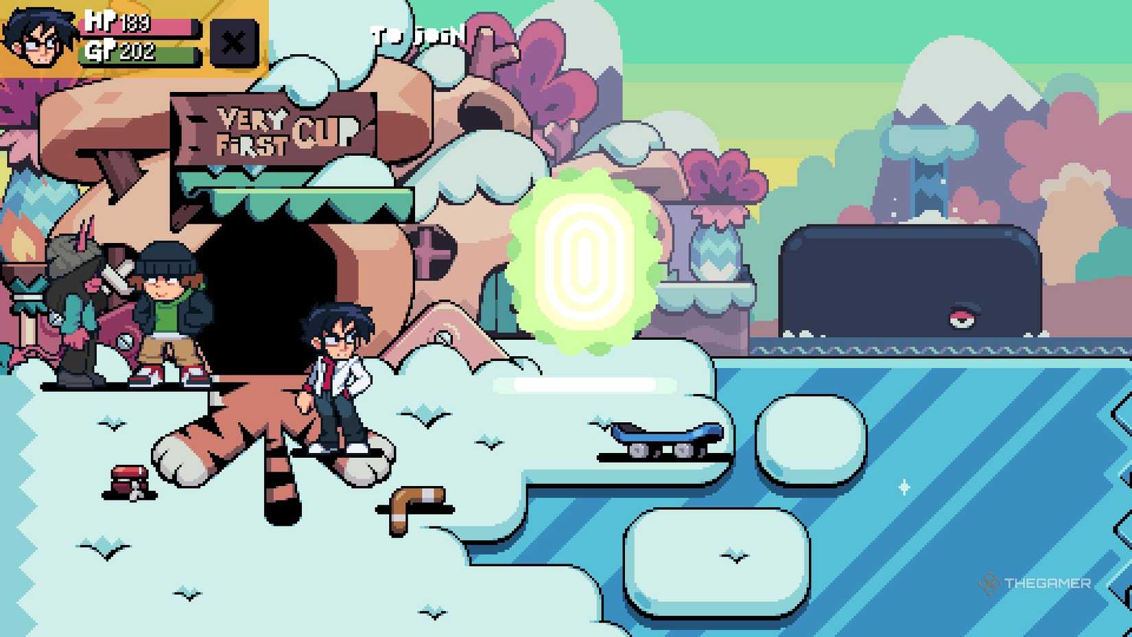 Gideon next to the First Cup shop in Scott Pilgrim EX.