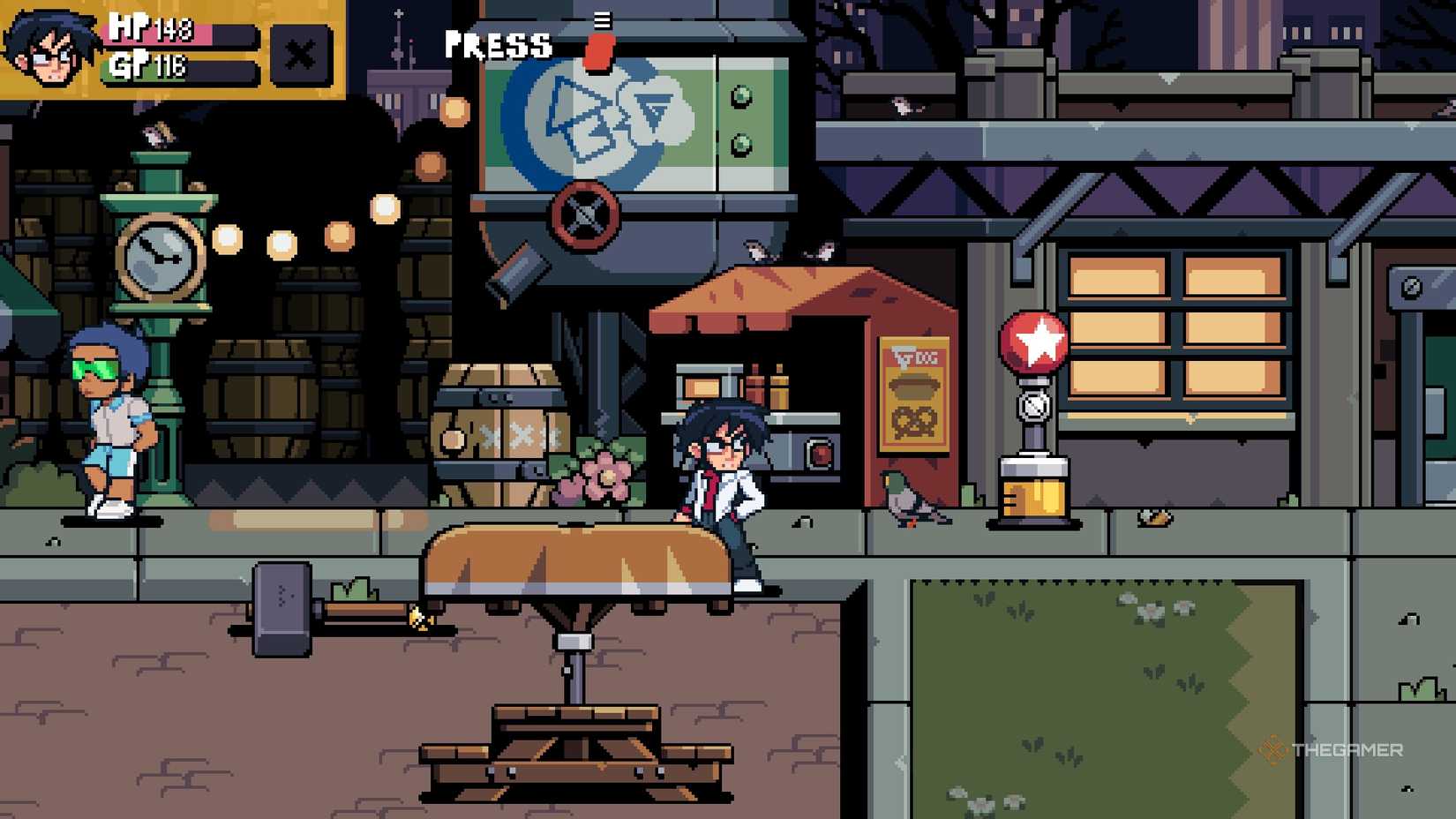 Gideon standing next to the Hot Dog Stand in Scott Pilgrim EX.