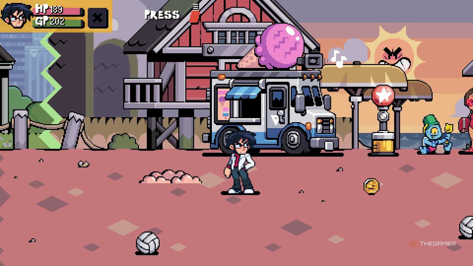 Gideon next to the Ice Guys shop in Scott Pilgrim EX.