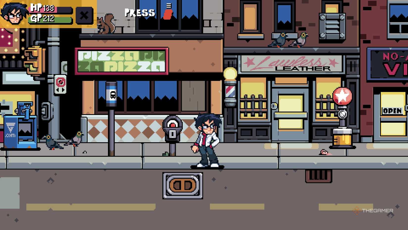 Gideon standing next to Lawless Leather in Scott Pilgrim EX.