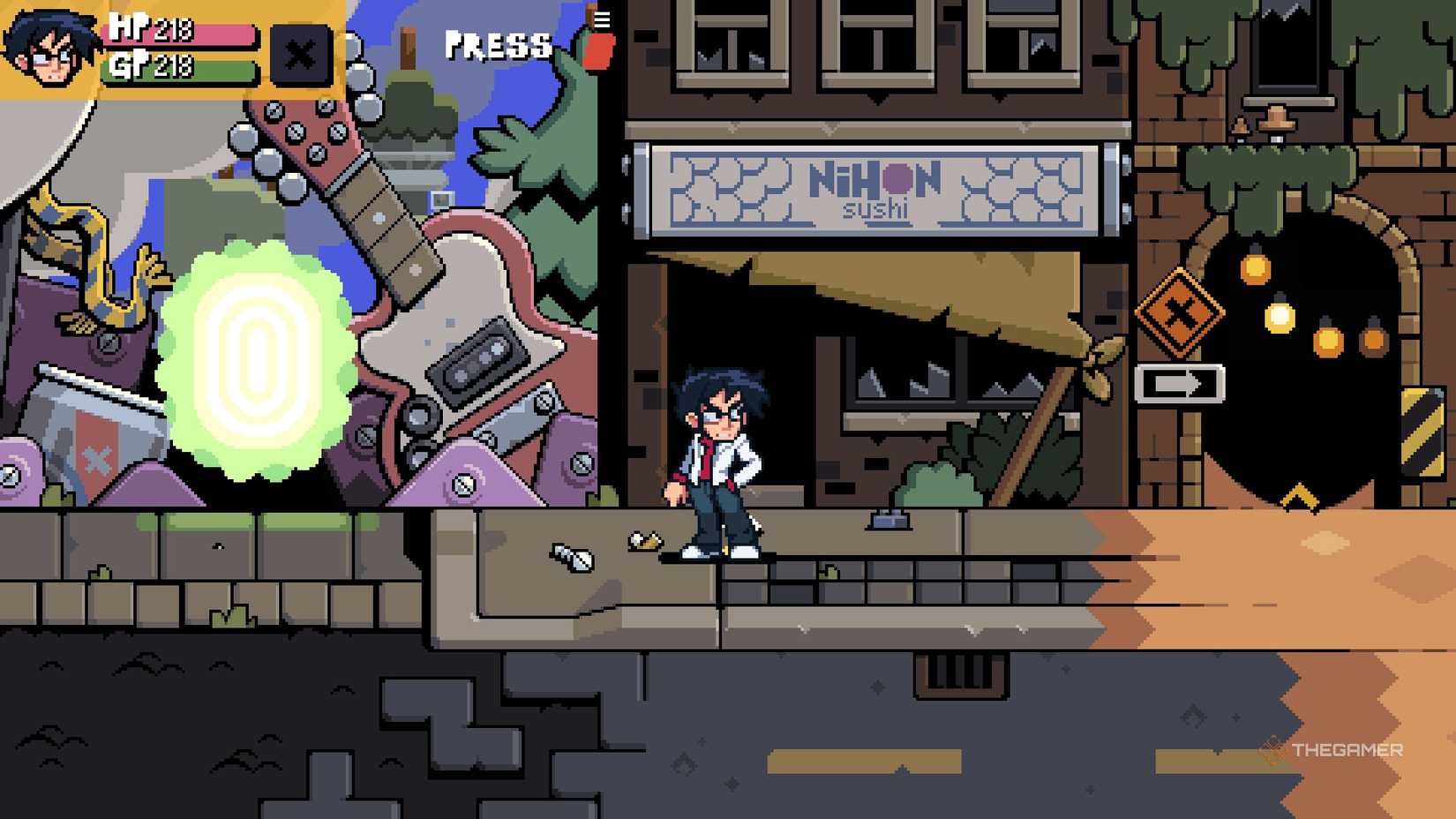 Gideon standing next to Nihon Sushi in Scott Pilgrim EX.