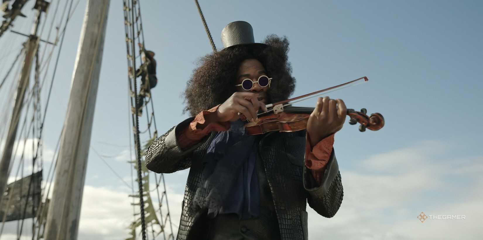A tall man playing the violin on a ship in Netflix's One Piece Season 2.