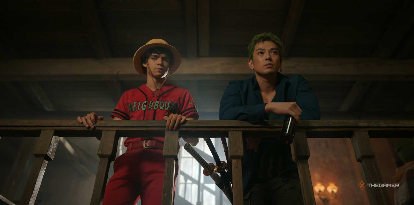 Luffy and Zoro stand next to each other while talking in One Piece Season 2 Netflix.