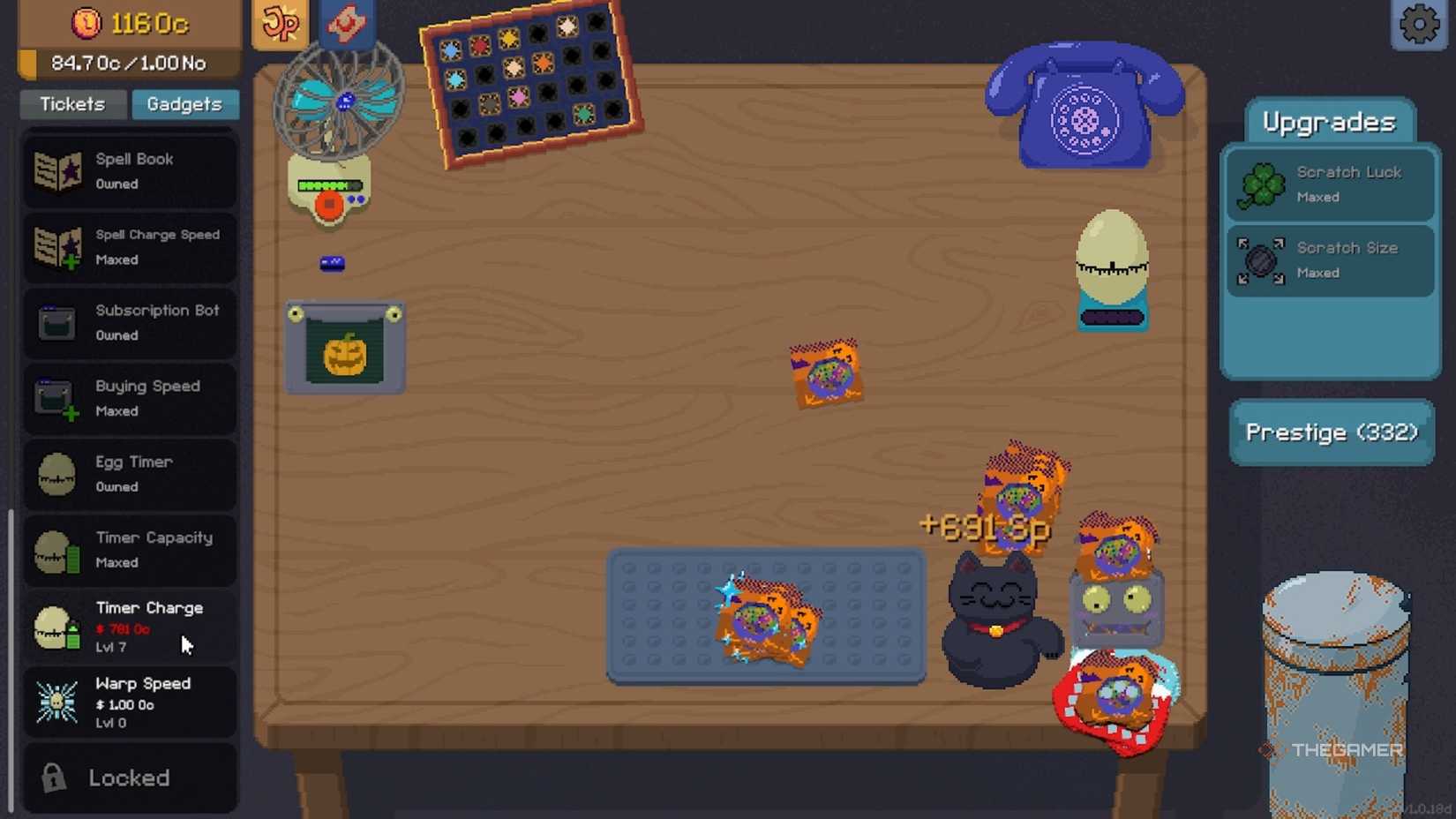 Scritchy Scratchy table with gadgets and cards.