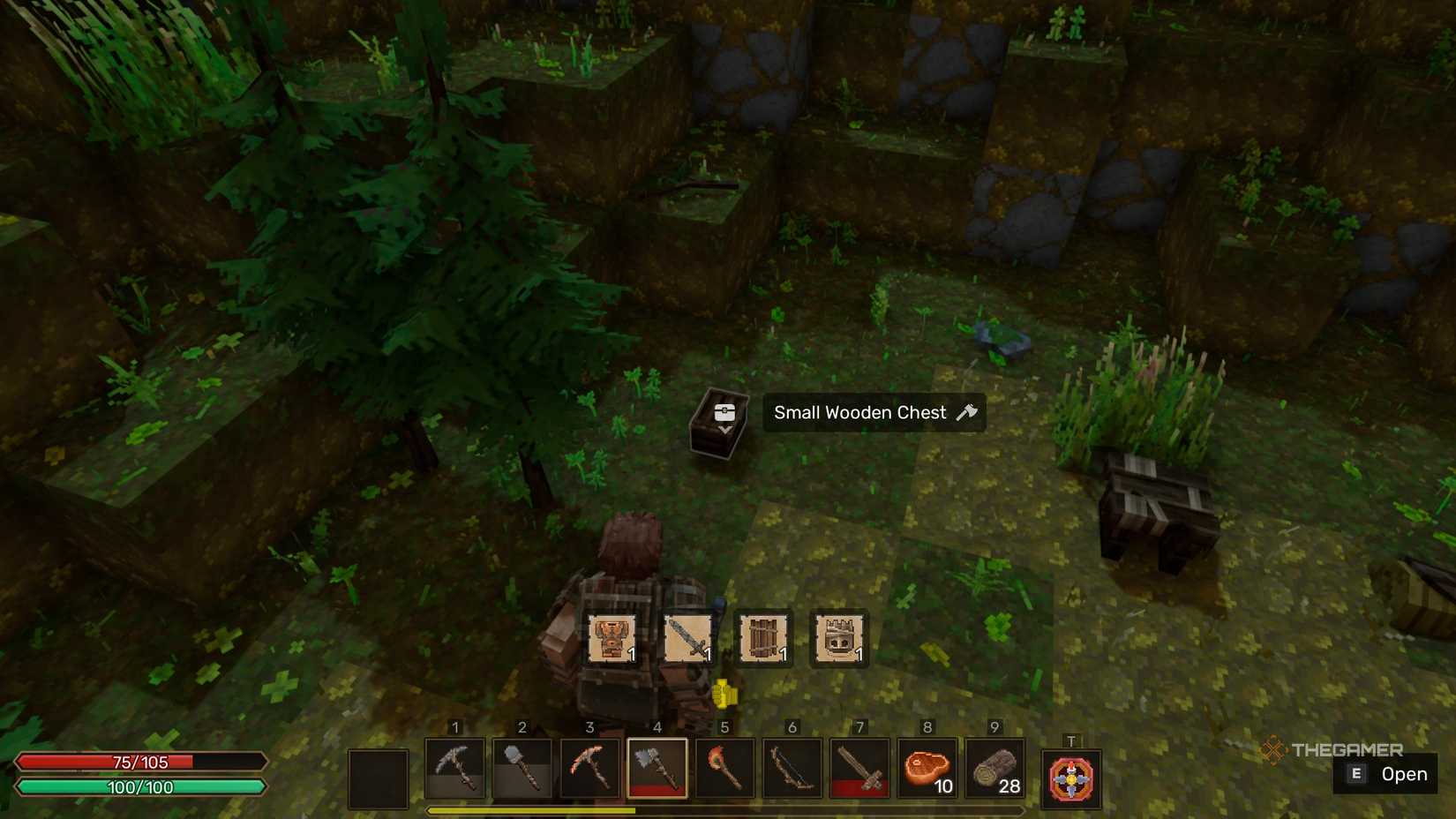 Searching a small wooden chest for loot in Everwind.