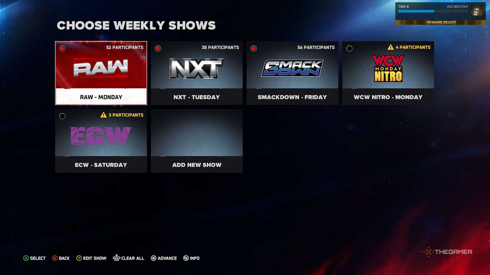 Select Weekly Shows for Universe Mode in WWE 2K26.