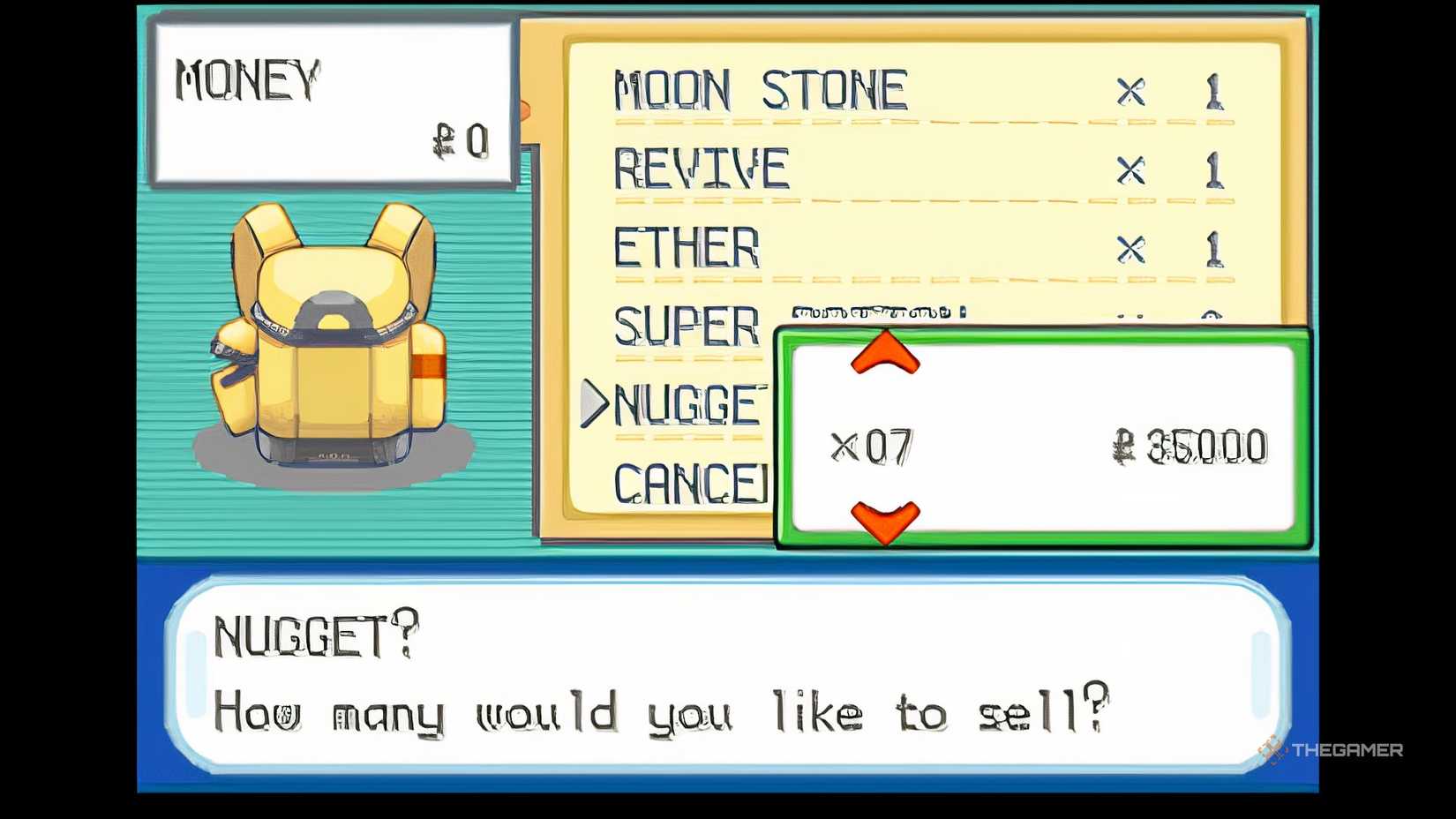 Selling Nuggets in Pokemon FireRed and LeafGreen you got from the infinite Nugget Bridge money glitch.