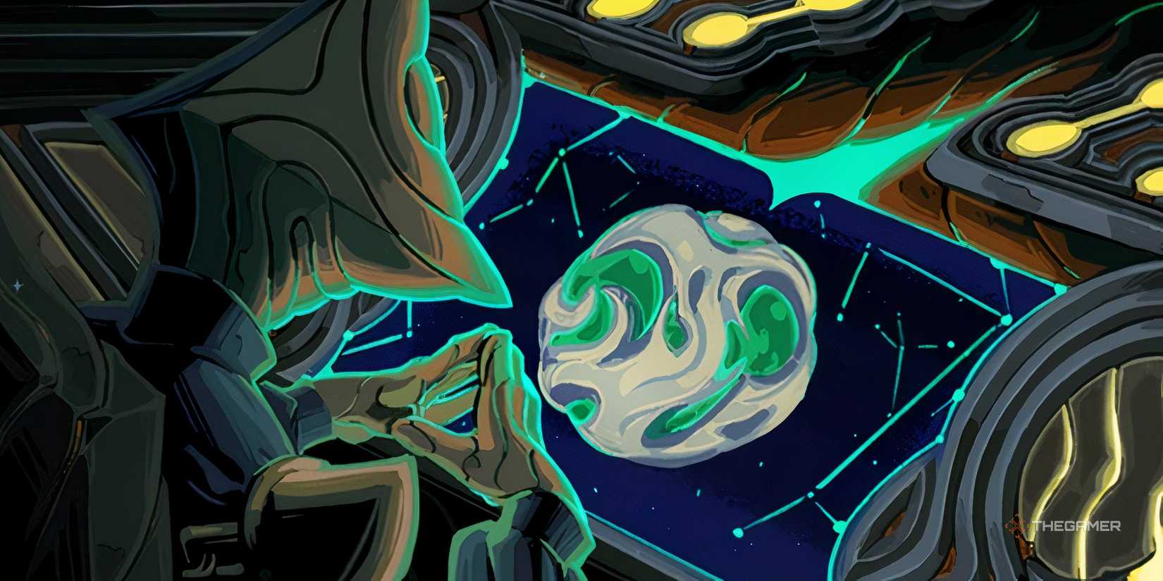 Art of The Regent looking at a planet on a screen in Slay the Spire 2.