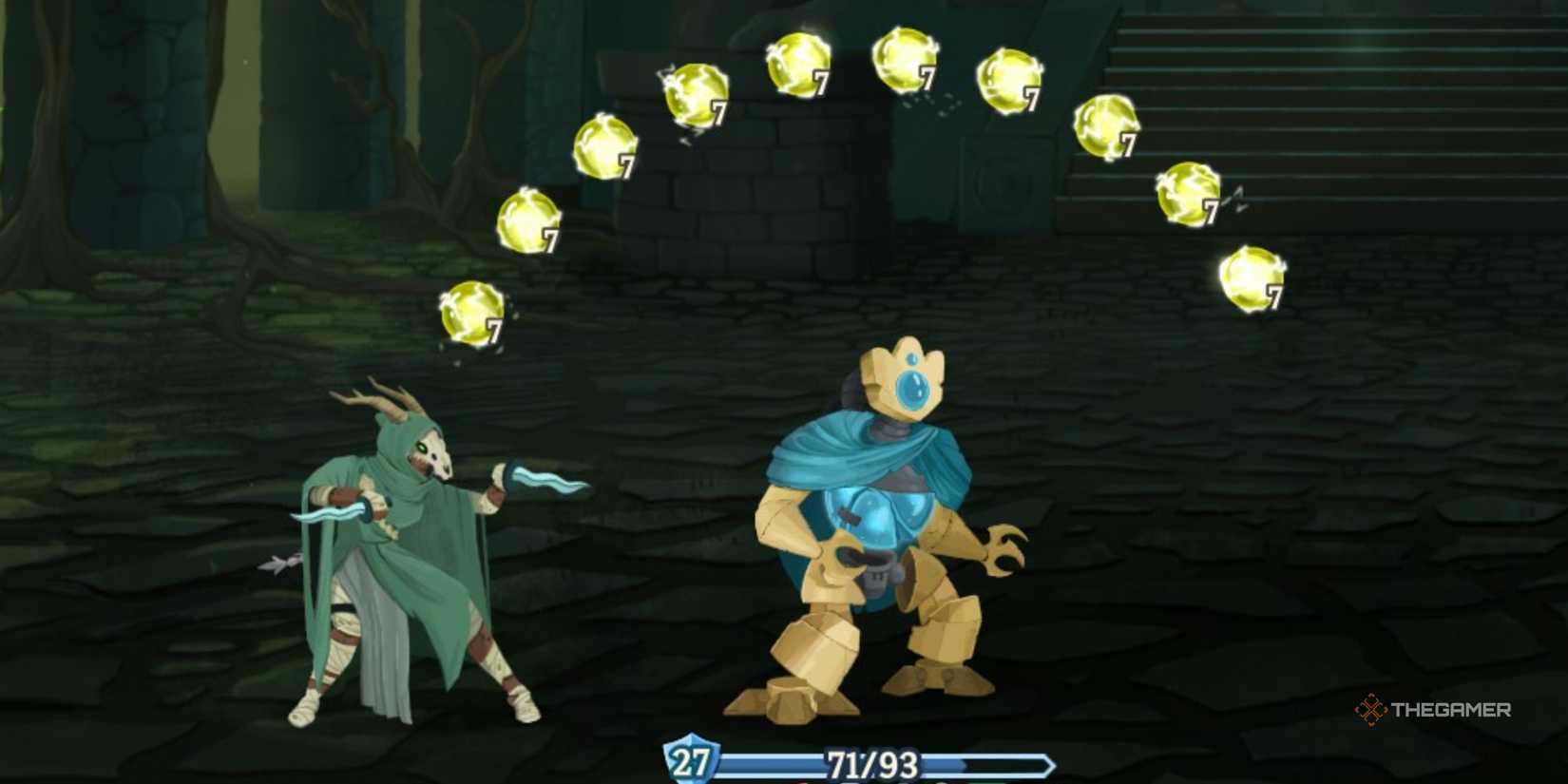 Le D&eacute;faut canalise 10 orbes de foudre lors d'un combat dans Slay the Spire 2.