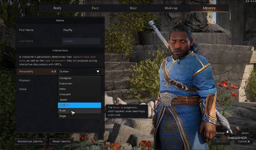 Solasta 2 A dwarf in the character menu, selecting the ruler personality.