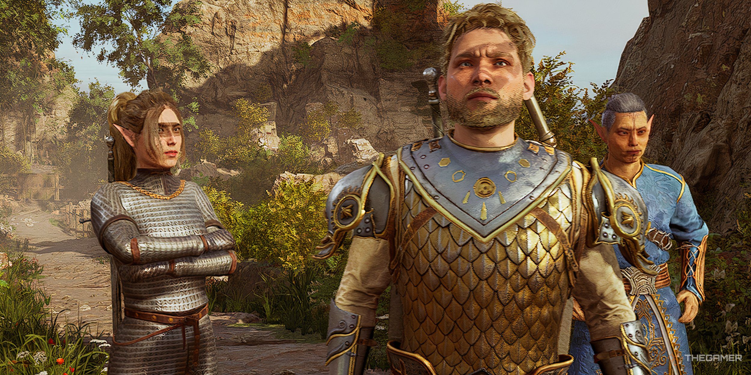 Solasta 2 Paladin, warrior and wizard roaming the wilderness.