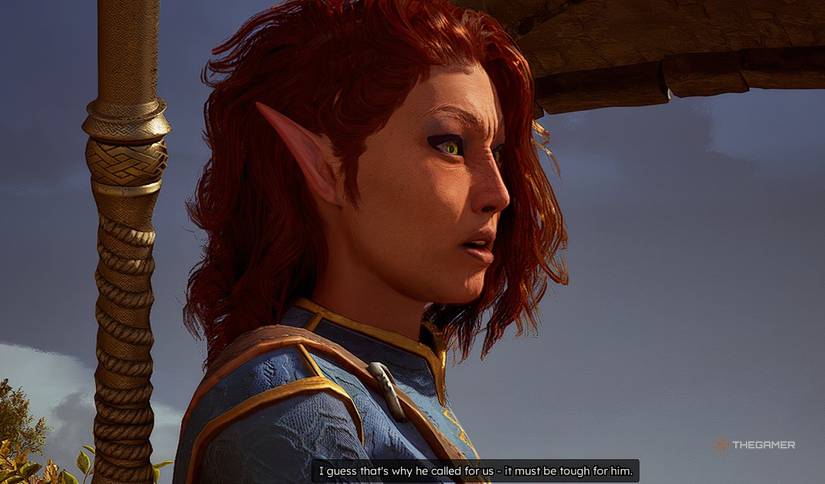 Solasta 2 An elf woman on a blue-grey sky background talking about being called home.