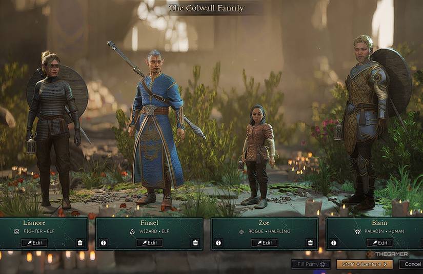 Solasta 2 The Colwall Family party in the character creation menu.
